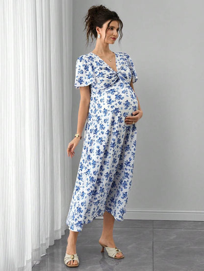 Blue and White Floral V-Neck Maternity Maxi Dress - Boho Puff Sleeve High Waist A-Line Gown - Summer Beach Vacation Dress for Pregnant Women