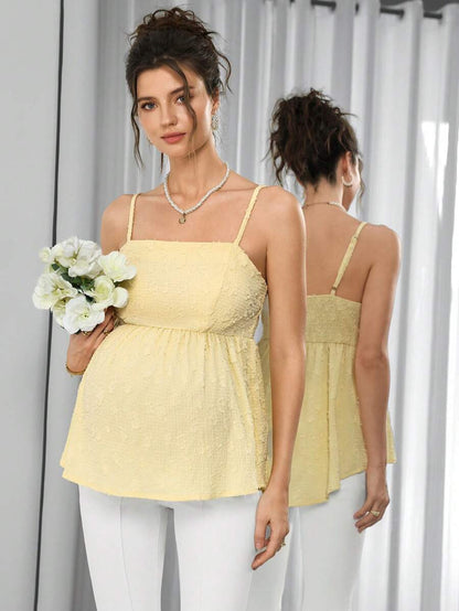 Yellow Maternity Jacquard Pleated Camisole Top - Elegant Shirred Slim Fit Cami - Sleeveless Flared Hem Crop Top for Summer