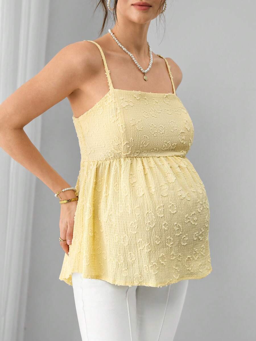 Yellow Maternity Jacquard Pleated Camisole Top - Elegant Shirred Slim Fit Cami - Sleeveless Flared Hem Crop Top for Summer