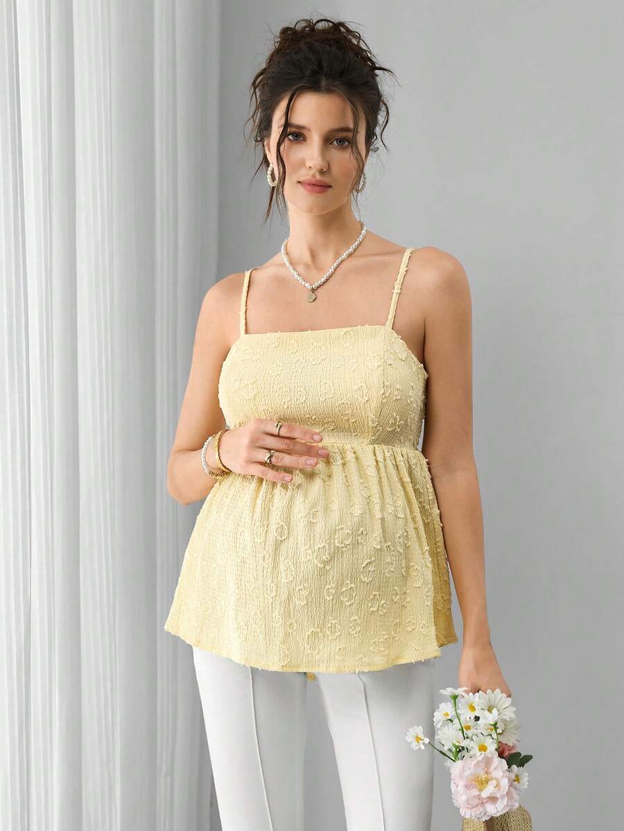 Yellow Maternity Jacquard Pleated Camisole Top - Elegant Shirred Slim Fit Cami - Sleeveless Flared Hem Crop Top for Summer