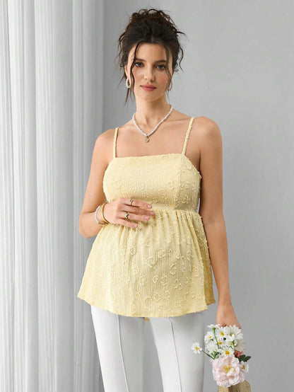 Yellow Maternity Jacquard Pleated Camisole Top - Elegant Shirred Slim Fit Cami - Sleeveless Flared Hem Crop Top for Summer