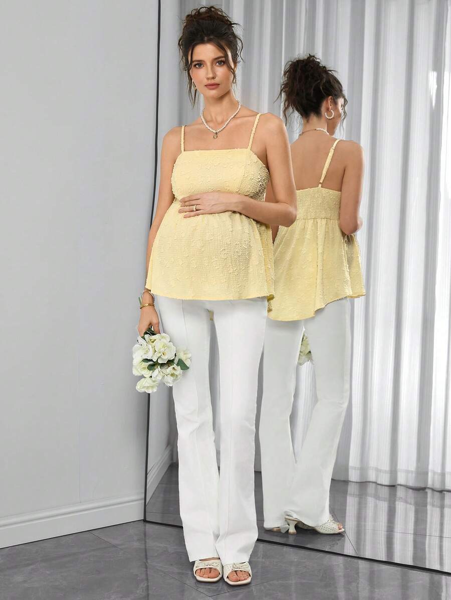 Yellow Maternity Jacquard Pleated Camisole Top - Elegant Shirred Slim Fit Cami - Sleeveless Flared Hem Crop Top for Summer