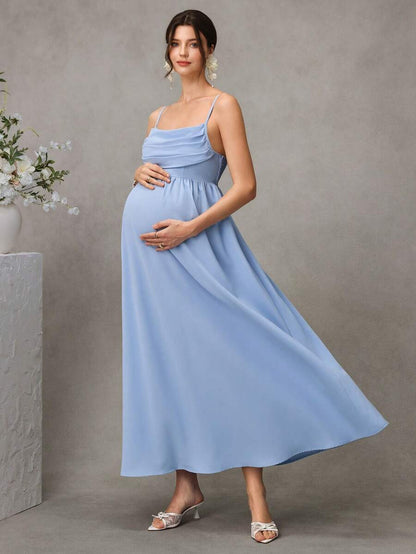 Maternity A-Line Midi Dress - Spaghetti Strap, Cloak Sleeve, Ruched Waist, Regular Fit, Blue