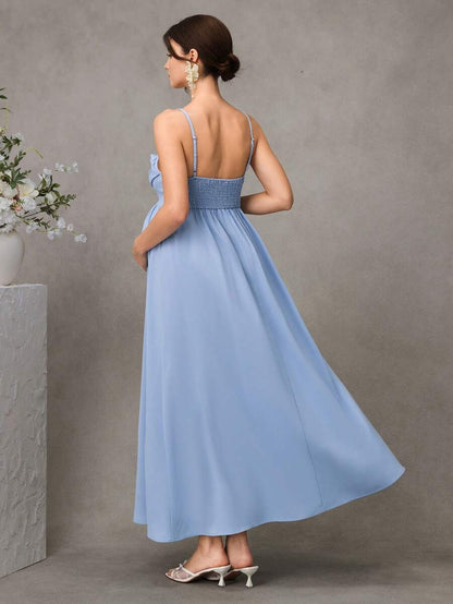 Maternity A-Line Midi Dress - Spaghetti Strap, Cloak Sleeve, Ruched Waist, Regular Fit, Blue
