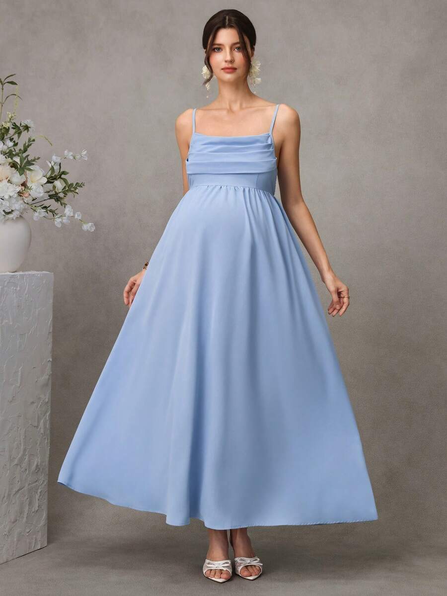 Maternity A-Line Midi Dress - Spaghetti Strap, Cloak Sleeve, Ruched Waist, Regular Fit, Blue