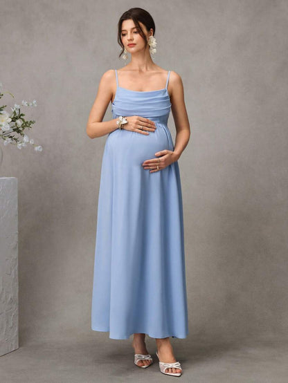 Maternity A-Line Midi Dress - Spaghetti Strap, Cloak Sleeve, Ruched Waist, Regular Fit, Blue