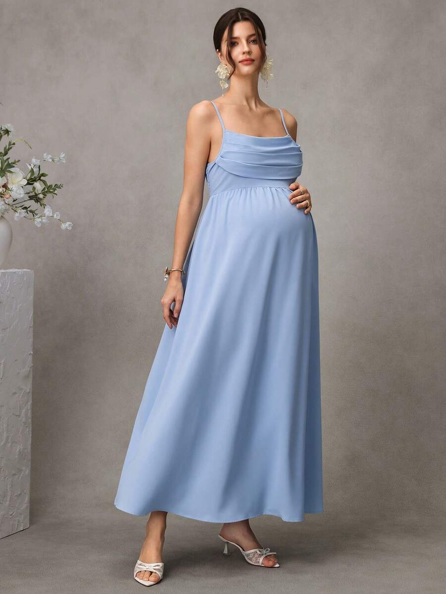 Maternity A-Line Midi Dress - Spaghetti Strap, Cloak Sleeve, Ruched Waist, Regular Fit, Blue