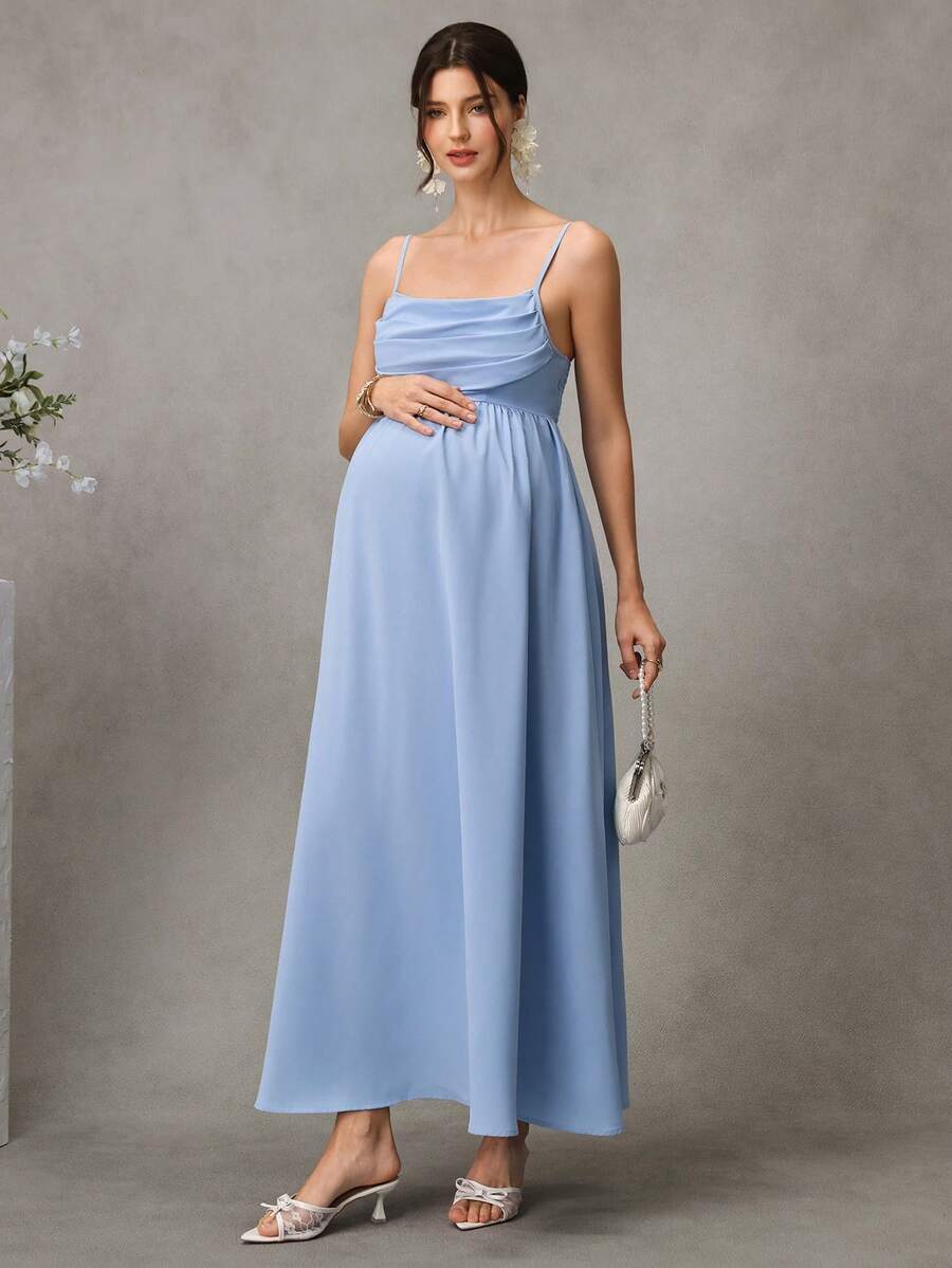 Maternity A-Line Midi Dress - Spaghetti Strap, Cloak Sleeve, Ruched Waist, Regular Fit, Blue