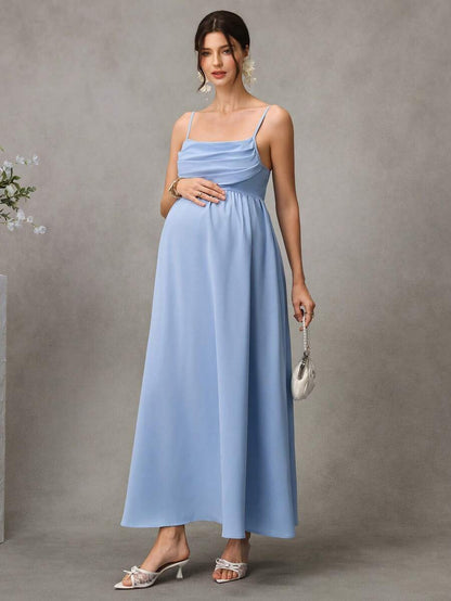 Maternity A-Line Midi Dress - Spaghetti Strap, Cloak Sleeve, Ruched Waist, Regular Fit, Blue