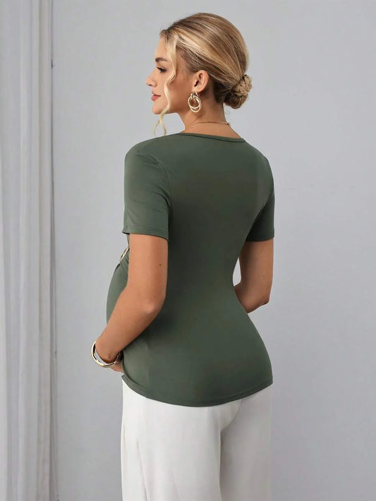 Army Green Crossover V-Neck Maternity Nursing Top with Asymmetric Waist Buckle Slim Fit Short Sleeve Bump Friendly Casual Shirt