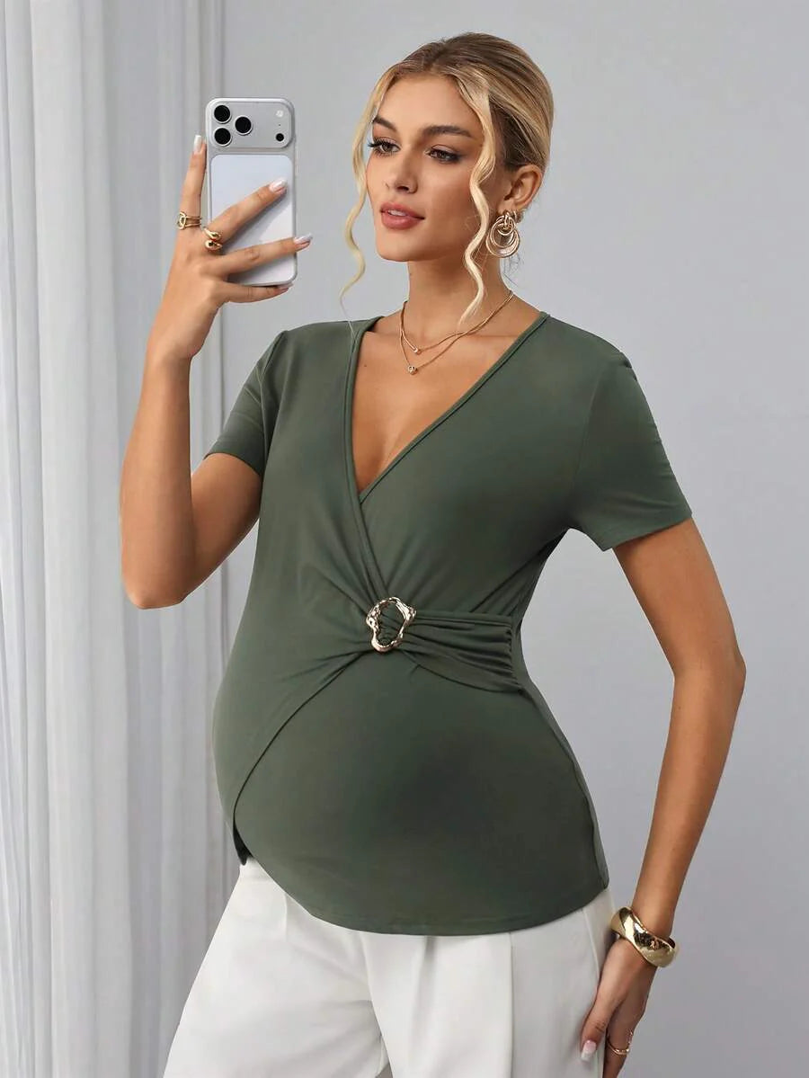 Army Green Crossover V-Neck Maternity Nursing Top with Asymmetric Waist Buckle Slim Fit Short Sleeve Bump Friendly Casual Shirt
