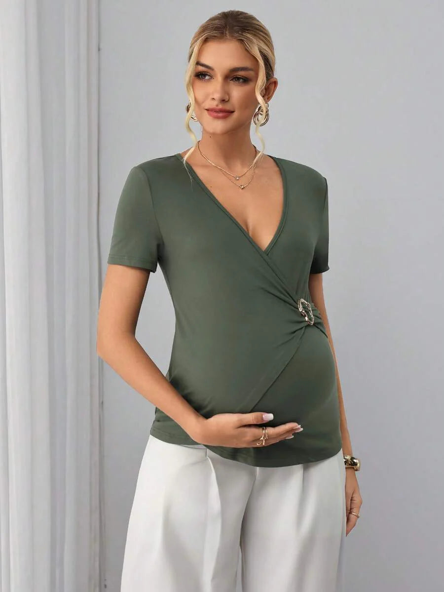 Army Green Crossover V-Neck Maternity Nursing Top with Asymmetric Waist Buckle Slim Fit Short Sleeve Bump Friendly Casual Shirt