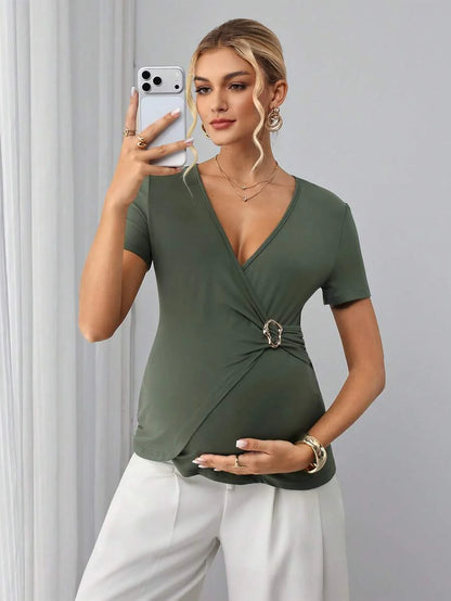 Army Green Crossover V-Neck Maternity Nursing Top with Asymmetric Waist Buckle Slim Fit Short Sleeve Bump Friendly Casual Shirt