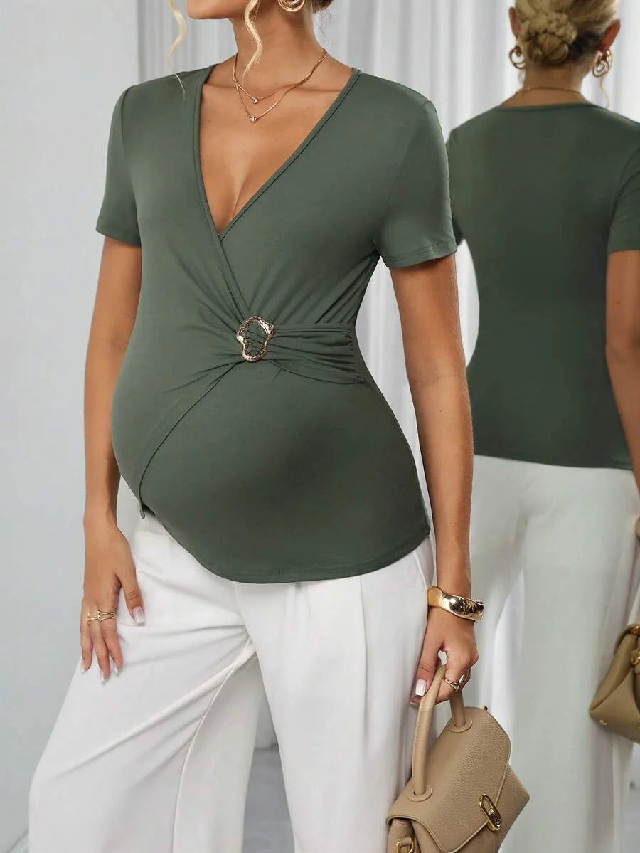 Army Green Crossover V-Neck Maternity Nursing Top with Asymmetric Waist Buckle Slim Fit Short Sleeve Bump Friendly Casual Shirt