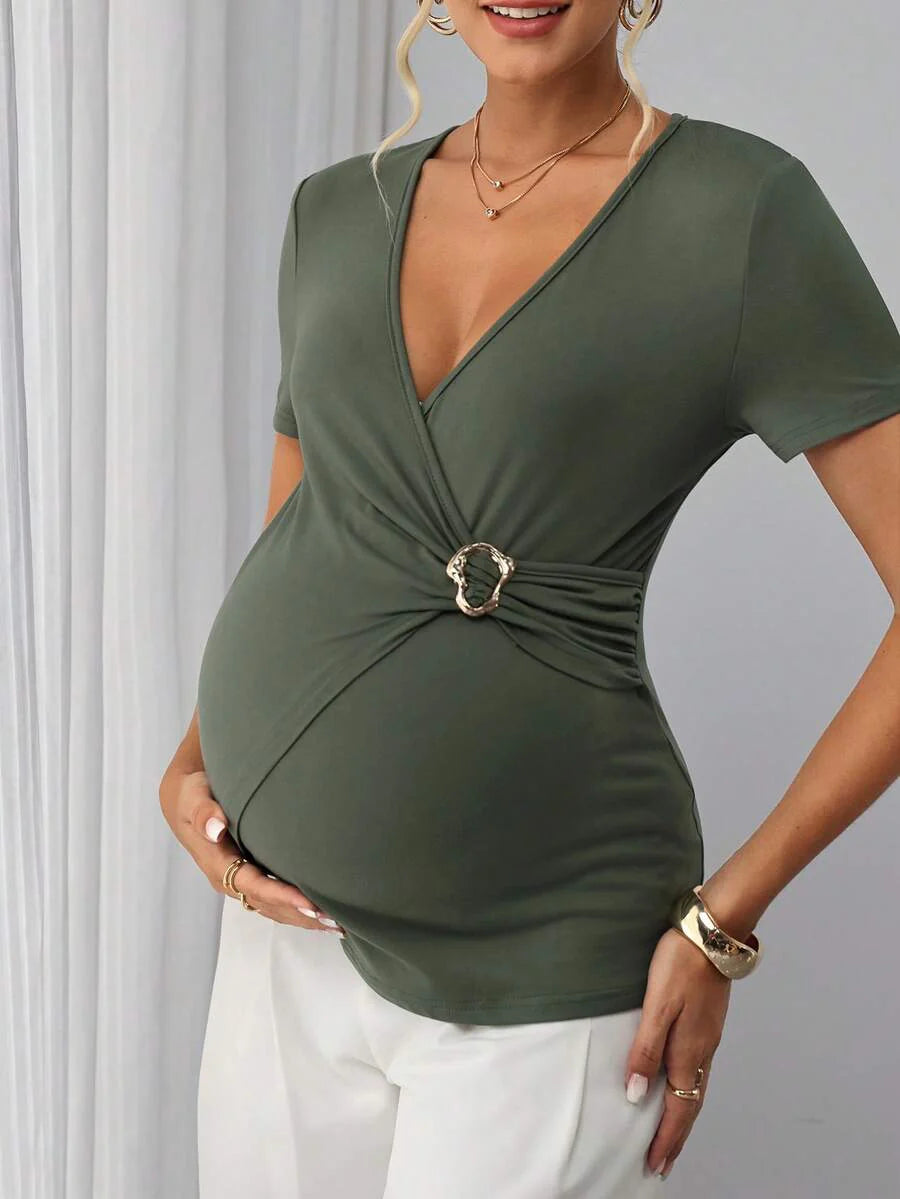 Army Green Crossover V-Neck Maternity Nursing Top with Asymmetric Waist Buckle Slim Fit Short Sleeve Bump Friendly Casual Shirt