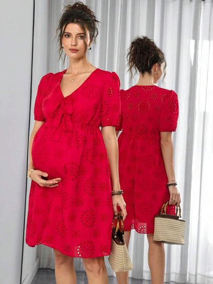 Maternity Jacquard A-Line Short Dress - Henley Neck, Puff Half Sleeve, Bow Tie, Hollow Out, Red