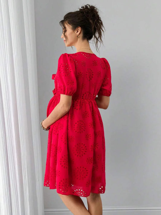Maternity Jacquard A-Line Short Dress - Henley Neck, Puff Half Sleeve, Bow Tie, Hollow Out, Red
