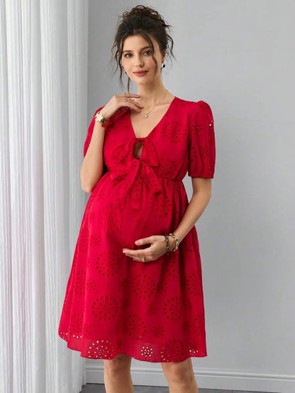Maternity Jacquard A-Line Short Dress - Henley Neck, Puff Half Sleeve, Bow Tie, Hollow Out, Red