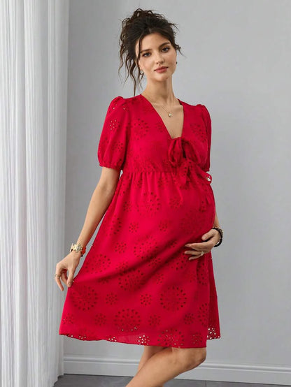 Maternity Jacquard A-Line Short Dress - Henley Neck, Puff Half Sleeve, Bow Tie, Hollow Out, Red