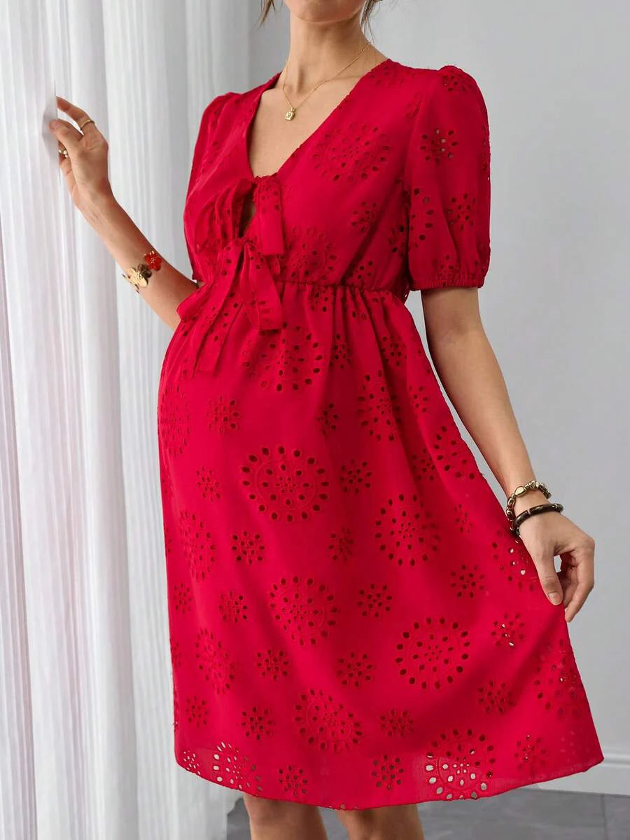 Maternity Jacquard A-Line Short Dress - Henley Neck, Puff Half Sleeve, Bow Tie, Hollow Out, Red