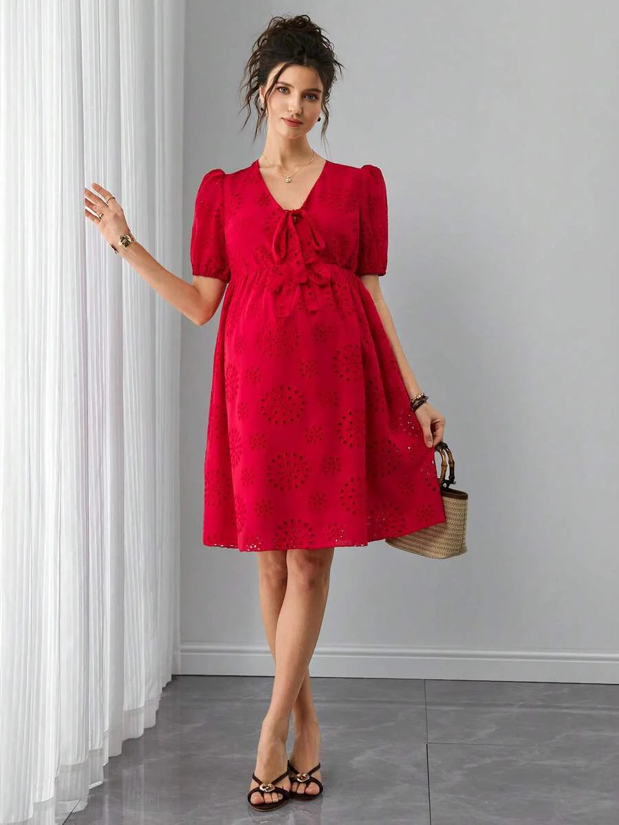 Maternity Jacquard A-Line Short Dress - Henley Neck, Puff Half Sleeve, Bow Tie, Hollow Out, Red
