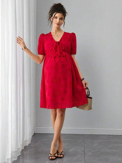 Maternity Jacquard A-Line Short Dress - Henley Neck, Puff Half Sleeve, Bow Tie, Hollow Out, Red
