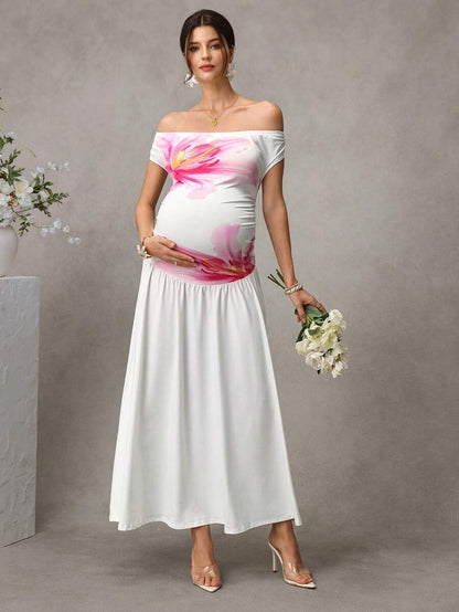 Maternity Floral A-Line Long Dress - Off Shoulder, Short Sleeve, Belly Support, Slim Fit, White
