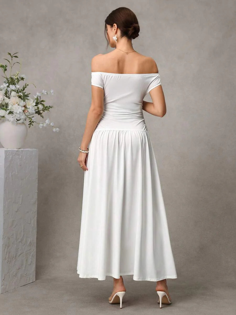 Maternity Floral A-Line Long Dress - Off Shoulder, Short Sleeve, Belly Support, Slim Fit, White