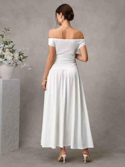 Maternity Floral A-Line Long Dress - Off Shoulder, Short Sleeve, Belly Support, Slim Fit, White