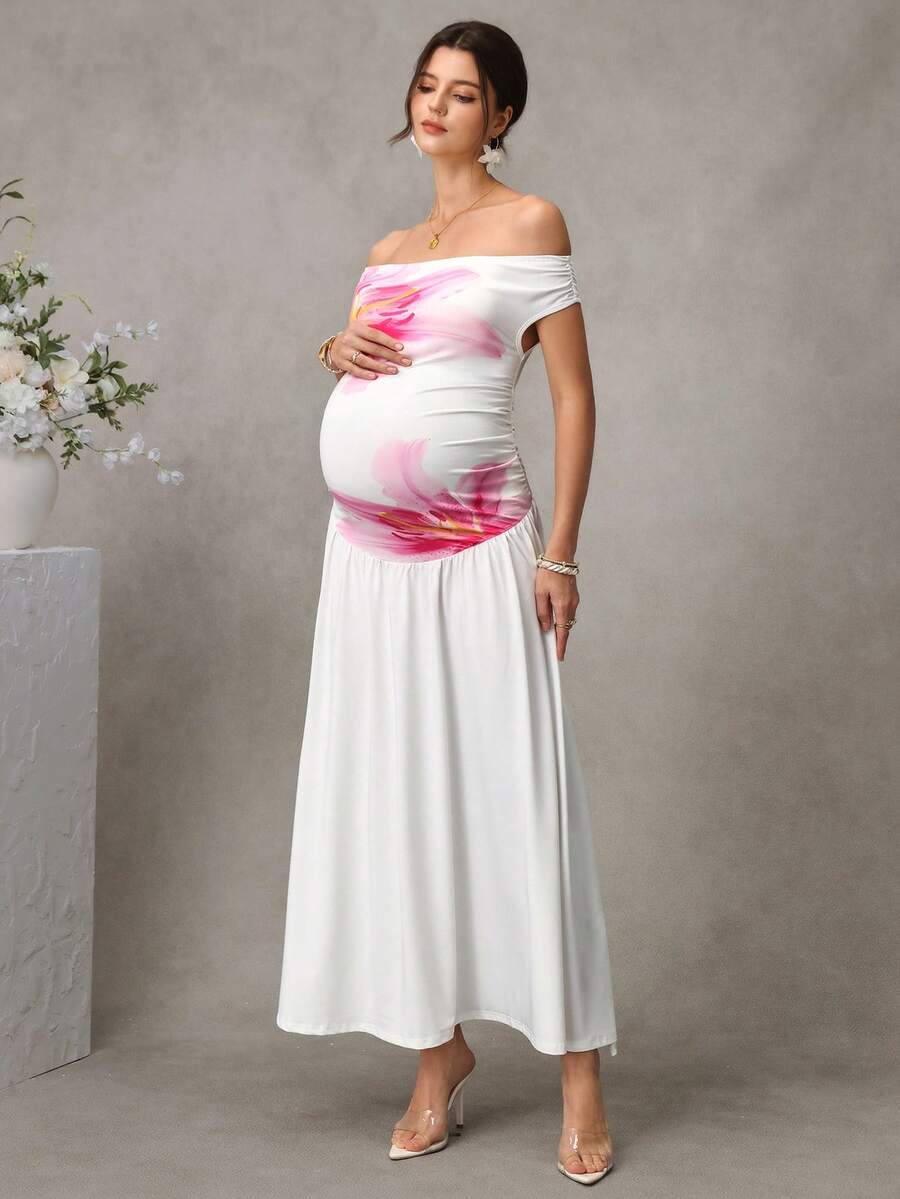 Maternity Floral A-Line Long Dress - Off Shoulder, Short Sleeve, Belly Support, Slim Fit, White