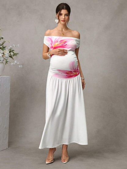 Maternity Floral A-Line Long Dress - Off Shoulder, Short Sleeve, Belly Support, Slim Fit, White