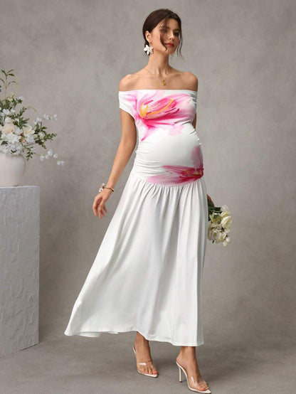 Maternity Floral A-Line Long Dress - Off Shoulder, Short Sleeve, Belly Support, Slim Fit, White