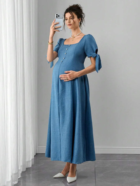 Maternity A-Line Long Dress - Square Neck, Bow Tie Strap, Puff Half Sleeve, Shirred, Baby Blue