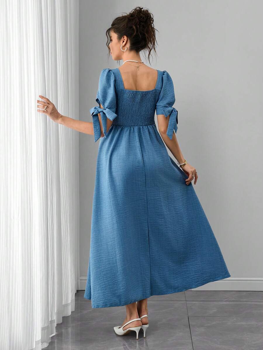 Maternity A-Line Long Dress - Square Neck, Bow Tie Strap, Puff Half Sleeve, Shirred, Baby Blue