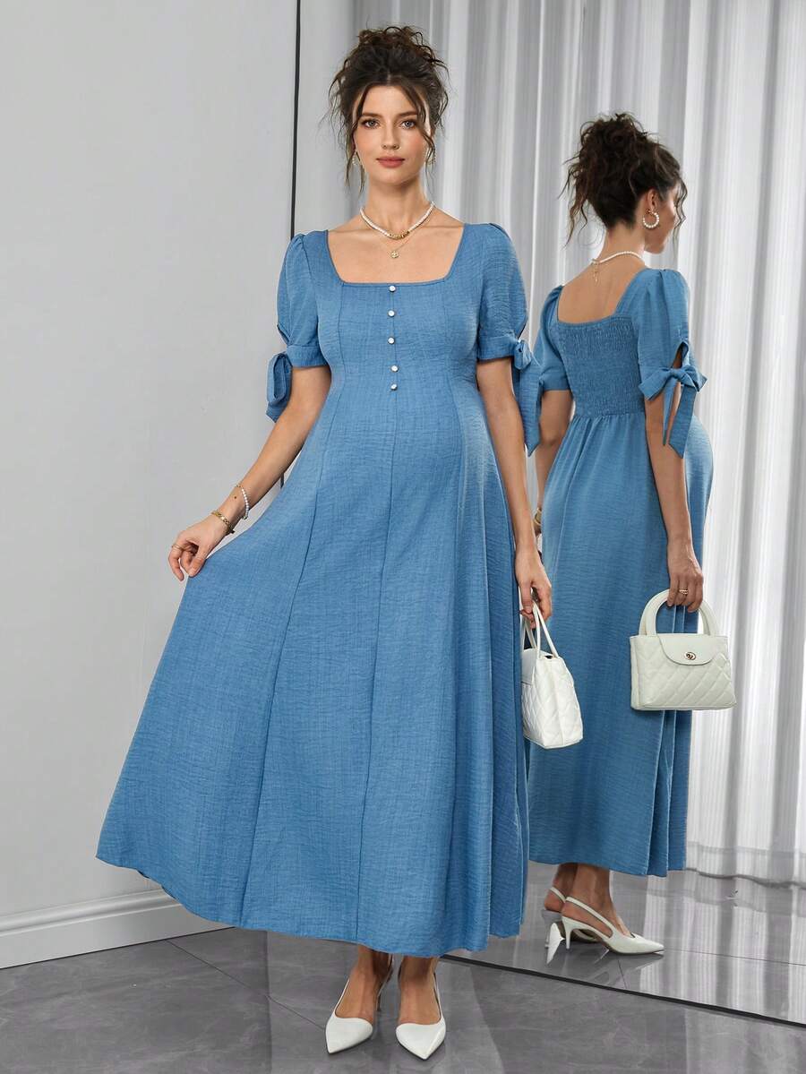 Maternity A-Line Long Dress - Square Neck, Bow Tie Strap, Puff Half Sleeve, Shirred, Baby Blue