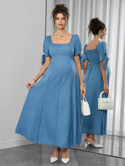 Maternity A-Line Long Dress - Square Neck, Bow Tie Strap, Puff Half Sleeve, Shirred, Baby Blue