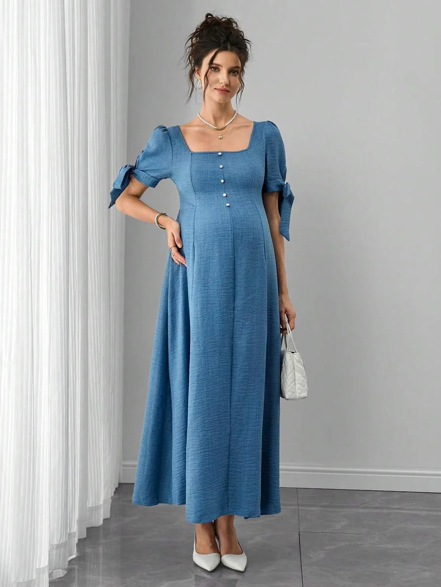 Maternity A-Line Long Dress - Square Neck, Bow Tie Strap, Puff Half Sleeve, Shirred, Baby Blue