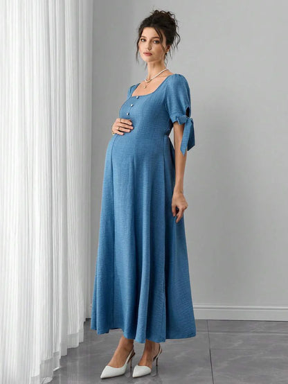 Maternity A-Line Long Dress - Square Neck, Bow Tie Strap, Puff Half Sleeve, Shirred, Baby Blue