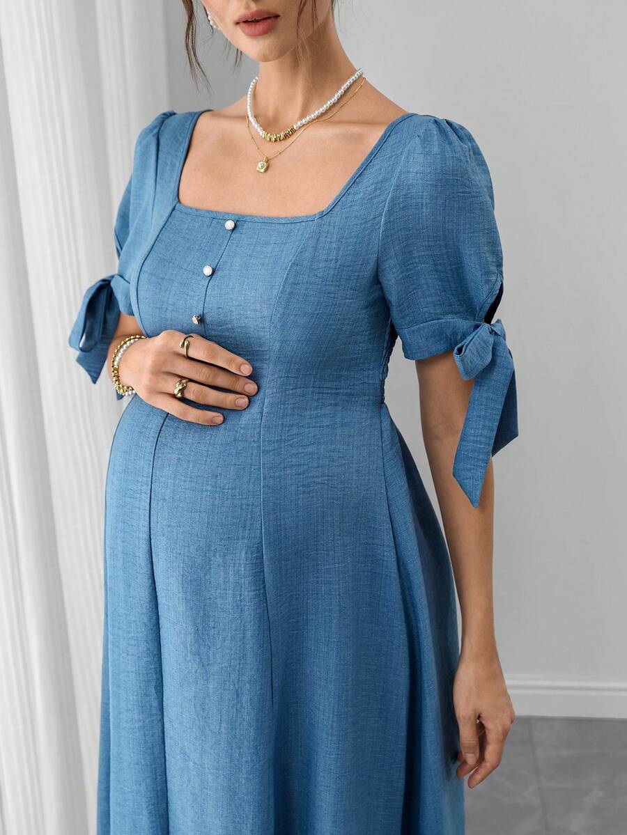 Maternity A-Line Long Dress - Square Neck, Bow Tie Strap, Puff Half Sleeve, Shirred, Baby Blue