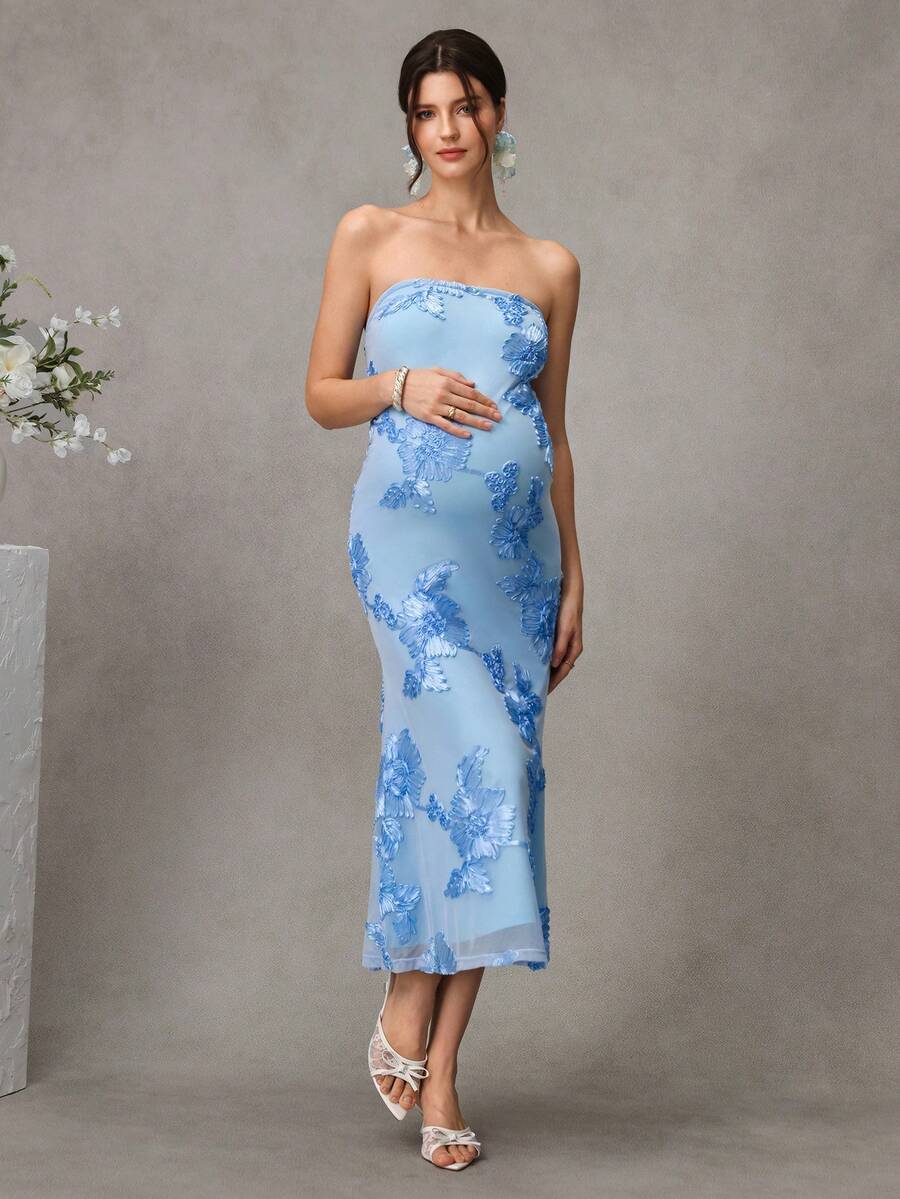 Maternity Embroidered Bodycon Long Dress - Strapless, Mermaid Hem, Slim Fit, Mesh, Baby Blue