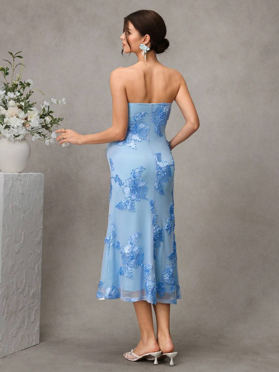 Maternity Embroidered Bodycon Long Dress - Strapless, Mermaid Hem, Slim Fit, Mesh, Baby Blue