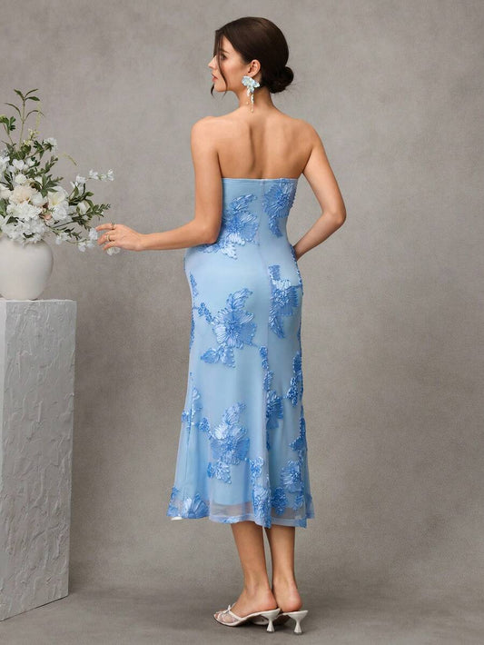 Maternity Embroidered Bodycon Long Dress - Strapless, Mermaid Hem, Slim Fit, Mesh, Baby Blue