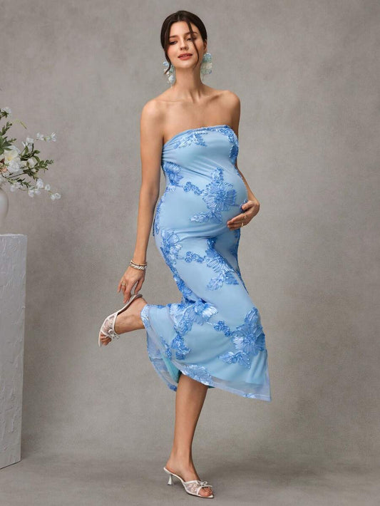 Maternity Embroidered Bodycon Long Dress - Strapless, Mermaid Hem, Slim Fit, Mesh, Baby Blue