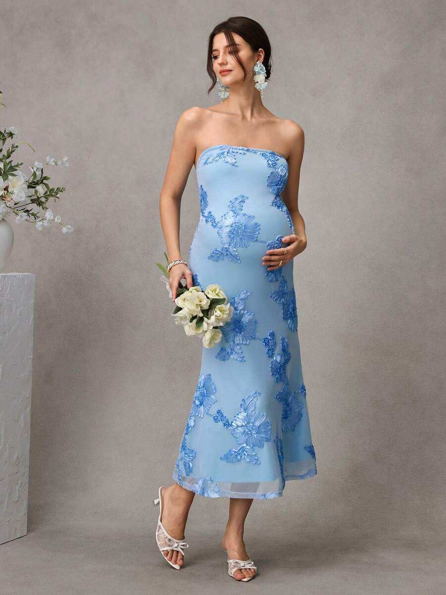 Maternity Embroidered Bodycon Long Dress - Strapless, Mermaid Hem, Slim Fit, Mesh, Baby Blue