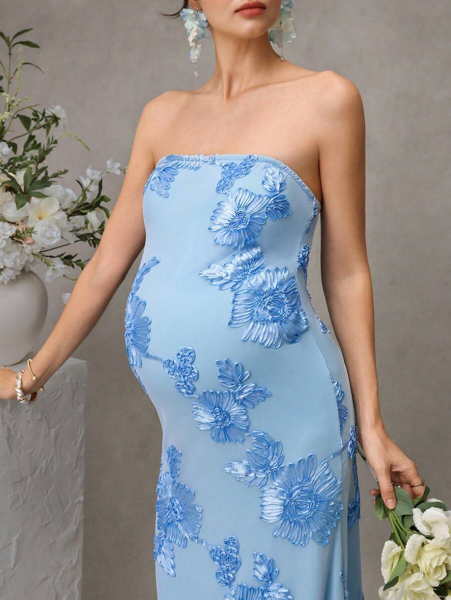 Maternity Embroidered Bodycon Long Dress - Strapless, Mermaid Hem, Slim Fit, Mesh, Baby Blue
