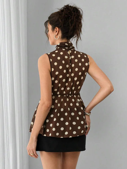 Maternity Polka Dot Chiffon Top - Stand Collar, Sleeveless, Button, Elastic Waist, Brown