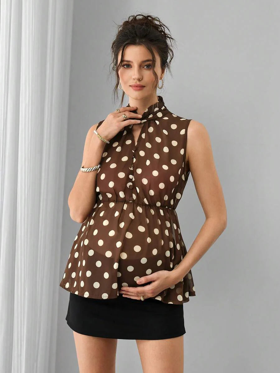 Maternity Polka Dot Chiffon Top - Stand Collar, Sleeveless, Button, Elastic Waist, Brown