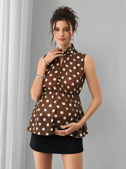 Maternity Polka Dot Chiffon Top - Stand Collar, Sleeveless, Button, Elastic Waist, Brown