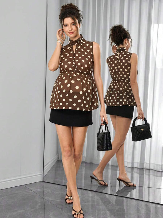 Maternity Polka Dot Chiffon Top - Stand Collar, Sleeveless, Button, Elastic Waist, Brown