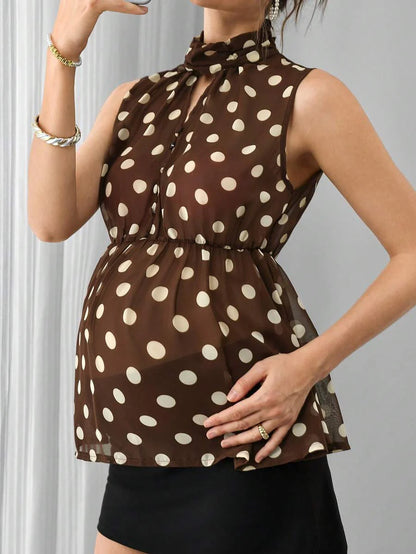Maternity Polka Dot Chiffon Top - Stand Collar, Sleeveless, Button, Elastic Waist, Brown